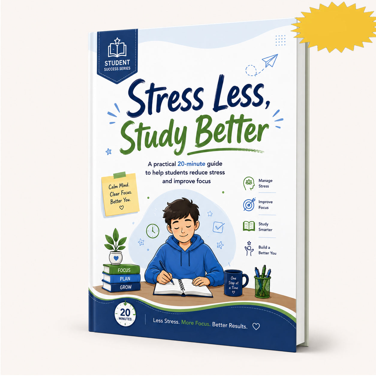 Student practicing stress relief techniques with books and notes – Stress Management for Students ebook
